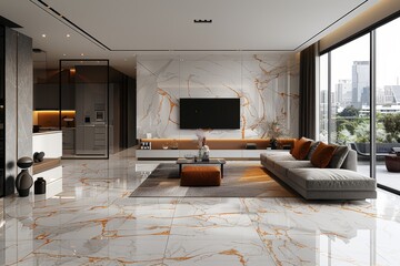 Poster - Modern living room with marble flooring, grey sofas, and panoramic city view, creating an elegant and sophisticated urban space