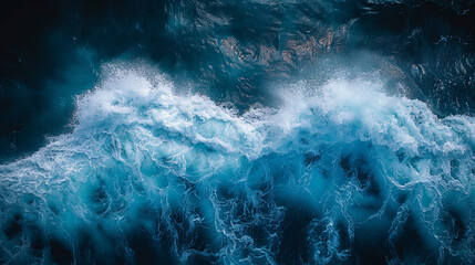 Wall Mural - Spectacular aerial top view background photo of ocean sea water white wave splashing in the deep sea. Drone photo backdrop of sea wave in bird' s-eye waves