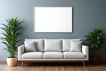 Stylish living room interior of modern apartment with white sofa, potted plants and mockup of blank white canvas picture poster frame on the wall. Modern home interior design decor