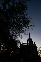 Wall Mural - Natchez, Mississippi, USA - April 21, 2024: Twilight silhouettes a tree and a historic church of downtown Natchez.