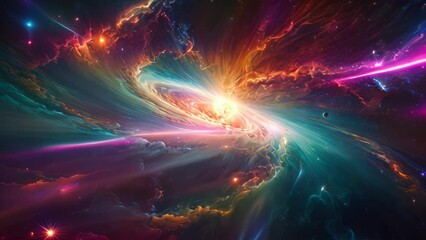 Wall Mural - Video animation of  vibrant and dynamic cosmic scene, possibly representing a nebula or a galaxy. It features bright light sources and swirling patterns of color
