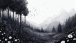 © Ray - A simple, black and white illustration of a forest with mountains in the background, minimalistic digital painting, clean lines, like an ink drawing, watercolour, whimsical, fantasy