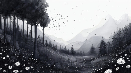 a simple, black and white illustration of a forest with mountains in the background, minimalistic di