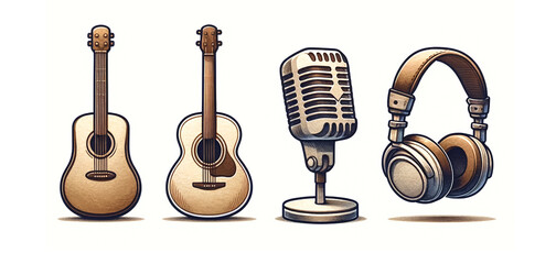 Vintage acoustic guitars, classic microphone, and retro headphones isolated on white, symbolizing summer music festivals and outdoor concerts