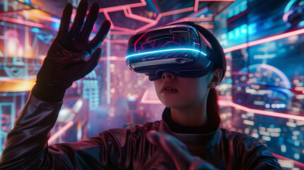 Wall Mural - A woman playing a video game. The game is a virtual reality game, and the woman is fully immersed in it. The city in the background is lit up with neon lights