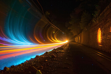 Wall Mural - long exposure night scene with car light trails blurring on highway and road tunnel