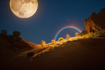 Wall Mural - a full moon illuminates a vast desert landscape under a dark night sky