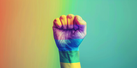 Wall Mural - A hand with rainbow stripes on it is raised in a fist