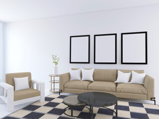 Wall Mural - Modern Living Room Wall Poster Frame Mockup with Beautiful Interior. 3D Render