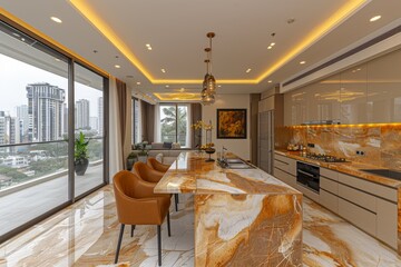 Wall Mural - Luxurious open plan kitchen and dining area with marble flooring and city views