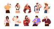 © Paper Trident - People drink different beverages set. Diverse men and women quench thirst with bottle of cool water, cocktails, juices. Characters hold cups of coffee, tea. Flat isolated vector illustrations on white