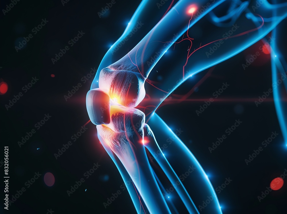 3D rendered medical illustration of a human knee joint with highlighted ...