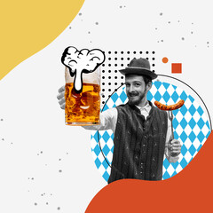 Wall Mural - Happy man in traditional fest Bavarian or German outfit serving lager beer and sausage. Abstract background. Contemporary artwork. Concept of Oktoberfest, beer, festival, traditions. Creative design