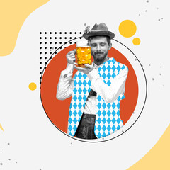 Wall Mural - Relaxed positive man in traditional German clothes holding glass with lager foamy beer on abstract background. Contemporary artwork. Concept of Oktoberfest, beer, festival, traditions. Creative design