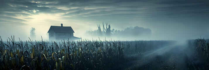 house in distance over foggy corn field