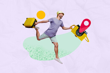 Poster - Composite photo collage of happy guy run hold suitcase late hold photo camera tourism device gps icon geo isolated on painted background