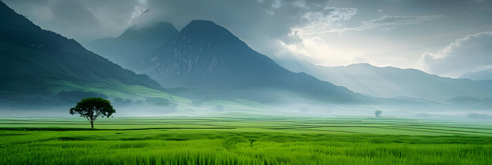 Wall Mural - Copy space image of a picturesque green field with a majestic mountain as a backdrop amidst cloudy and rainy weather