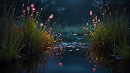 Wall Mural - In the Twilight Marsh, bioluminescent aquatic plants glow softly, their ethereal light illuminating the dark waters and guiding nocturnal creatures, Generative AI