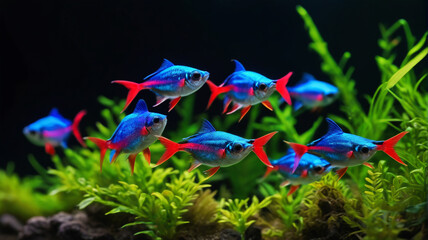 Within the Vibrant Aquascape, neon tetras swim in synchronized patterns, their iridescent bodies creating a mesmerizing display of light and color, Generative AI