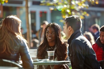 Poster - Young african american woman drinking coffee in a street cafe.