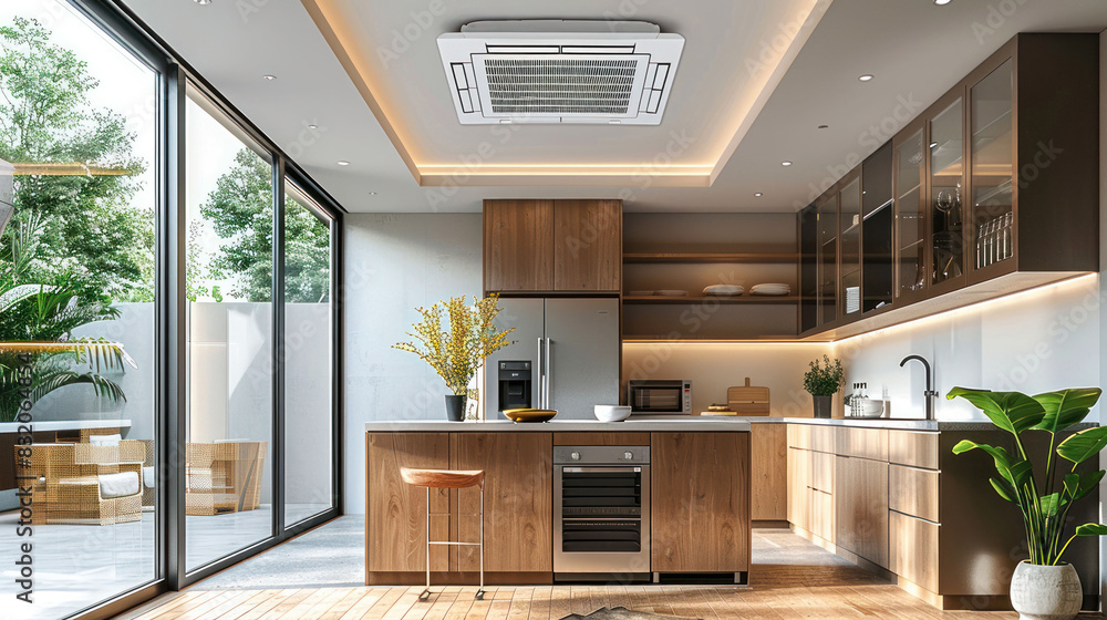 Interior room with ceiling mounted cassette type air conditioner ...