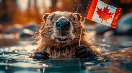 Wall Mural - Close Up Of A Beaver In Lake Holding Canadian Flag For Canada Day Celebration, Funny Patriotic Animal In It's Natural Habitat, Blurred Mock Up Background