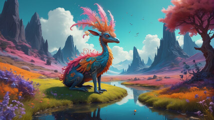 Wall Mural - A whimsical painting of a fantastical creature in a dreamlike landscape, blending reality and imagination with surreal elements, Generative AI