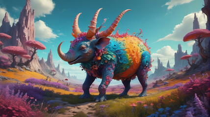 Wall Mural - A whimsical painting of a fantastical creature in a dreamlike landscape, blending reality and imagination with surreal elements, Generative AI