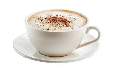 A white coffee cup with a white saucer and a brown swirl of chocolate on top