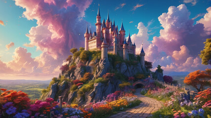 Wall Mural - A whimsical painting of a fairy-tale castle perched on a hill, with colorful gardens and a dreamy sky, evoking a sense of wonder, Generative AI