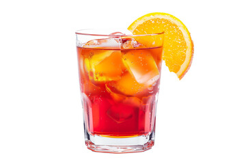 A glass of red drink with an orange slice on top