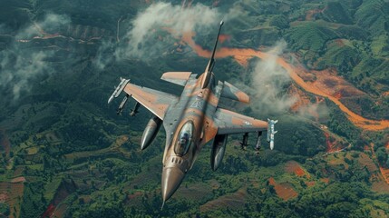 Canvas Print - F-16 painted in a retro camouflage scheme, engaged in maneuvers over a Vietnam-era landscape