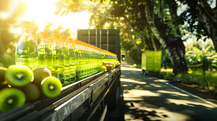 Wall Mural - Cargo truck carrying bottles with kiwi juice in an orchard with sunset. Concept of food and drink production, transportation, cargo and shipping.