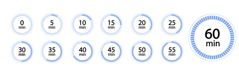 Timer, stopwatch icons set 10 20 30 40 50 60 minutes. Cooking time.