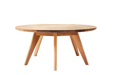 A wooden coffee table with a round top and wooden legs