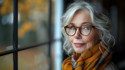 Mature woman with curly gray hair and stylish eyeglasses looking thoughtful