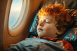 © SKT Studio - Adorable young boy sleeping comfortably in a business class seat on an airplane, sitting by the window, peacefully asleep, photo taken on the plane