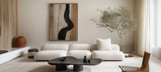 Aufkleber - minimal interior living room with artwork framed