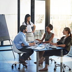 Poster - Business, presentation and meeting in office with girl speaker for financial, review and budget, training or plan discussion. Learning, workshop and accounting team in support for whiteboard coaching