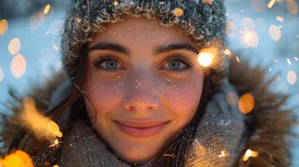 Captivated woman with snowflakes on her beanie experiencing the enchanting shimmer of winter lights