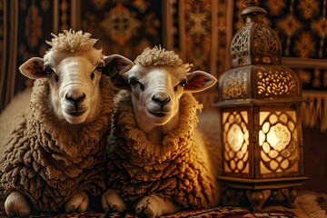 Wall Mural - Two Sheep Smiling Standing With White Teeth And White Islamic Prayer Niche Art And Islamic Lantern 