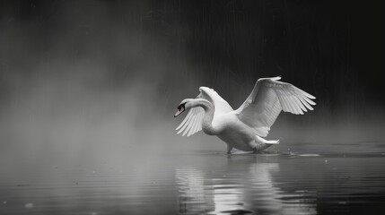 Canvas Print - A monochrome swan alighting on the surface of the water