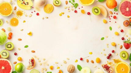 Wall Mural - Assorted Healthy Foods and Nuts on White Background with Copy Space