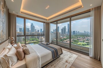 Sticker - Luxurious bedroom with large windows, elegant decor, and panoramic city views, combining modern sophistication with comfort