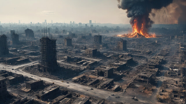 the ruins of cities smoldering in the aftermath of a ufo invasion, a stark reminder of humanity's vu