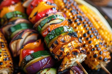 Wall Mural - Colorful grilled vegetable skewers alongside charred corn on the cob, perfect for a summer barbecue or vegetarian meal.