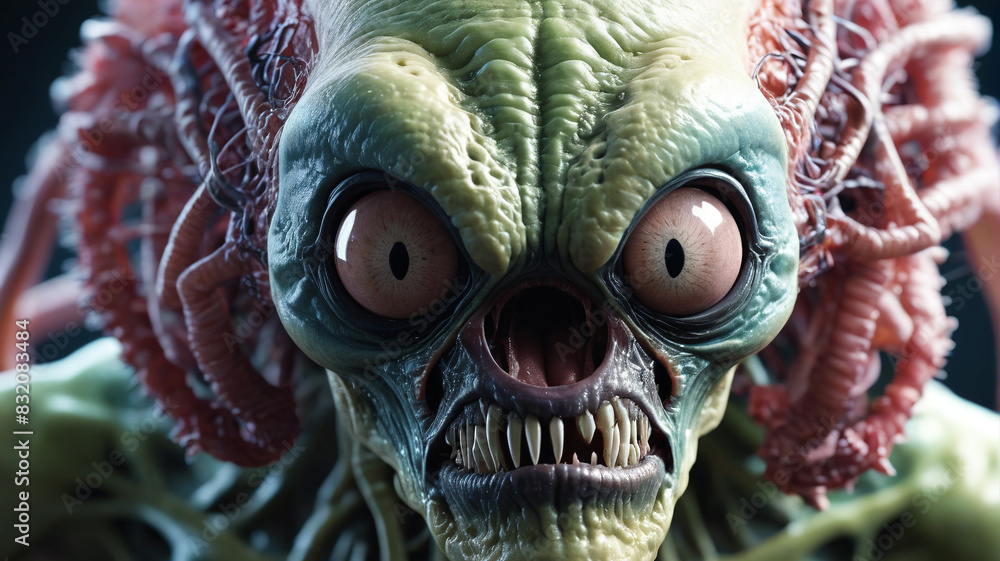 Up-close shot of a mutated alien with abnormal growths and mutated ...