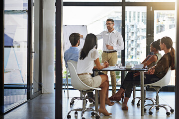 Poster - Business people, strategy meeting and presentation in office for budget, audit and financial report. Corporate group, teamwork and company review with speaker for planning seminar and discussion