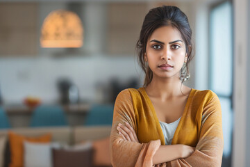 A indian woman in a yellow jacket is standing in a room with a serious expression on her face.