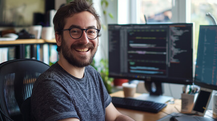 Software developer smiling while working, computer visible in the background.
